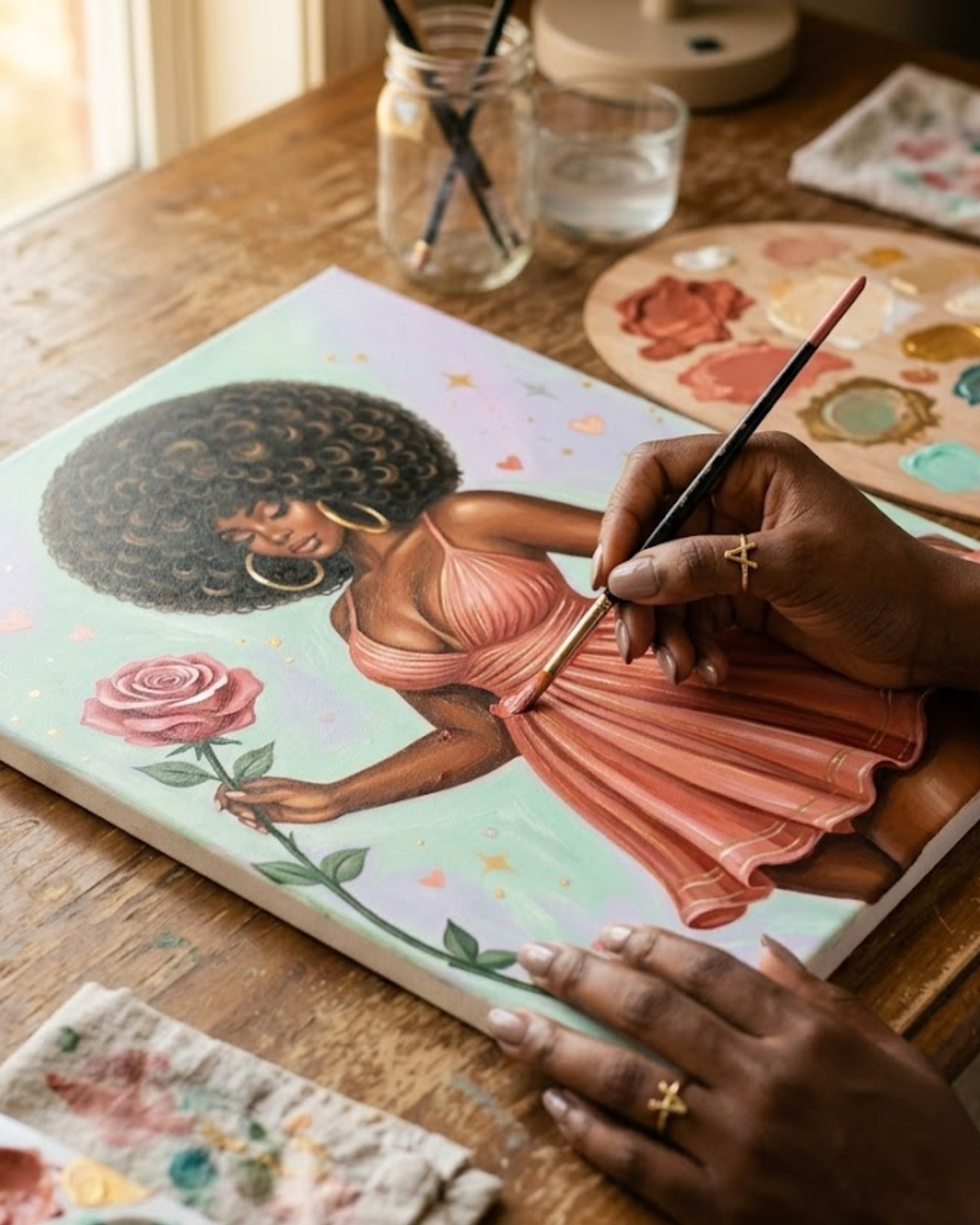 Black Woman with Rose Canvas Kit with paint & brush. 