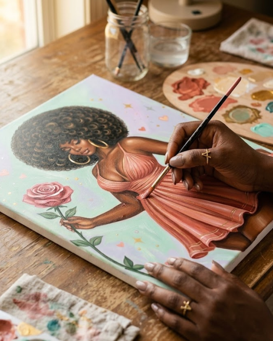 Black Woman with Rose Canvas Kit with paint & brush. 