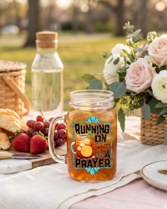 Running on Sweet Tea and a Prayer Mason Jar Mug